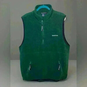 VTG USA Nautica Co All Sports Fleece Vest Men M Green Black 1/2 Zip